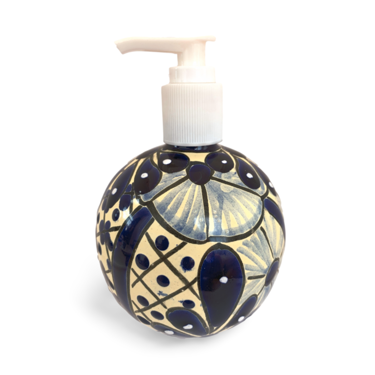 A spherical soap dispenser, hand-painted in blue and white Talavera design, adding a vibrant touch to any kitchen or bathroom.