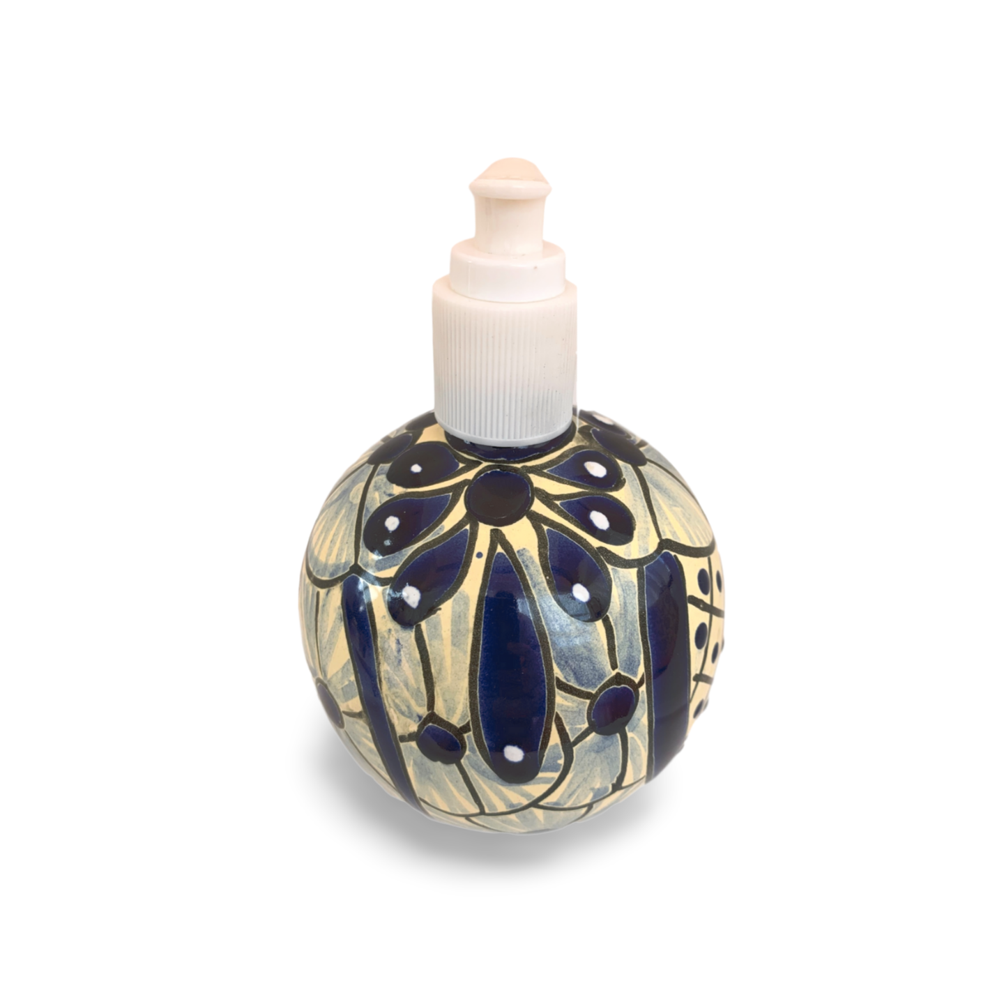 A spherical soap dispenser, hand-painted in blue and white Talavera design, adding a vibrant touch to any kitchen or bathroom.