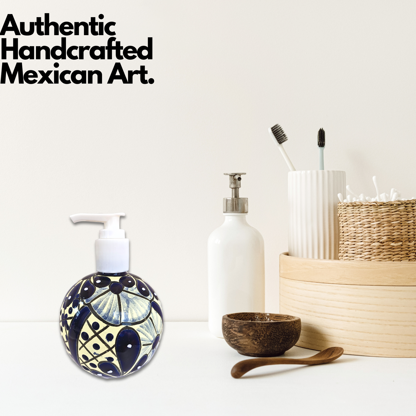A spherical soap dispenser, hand-painted in blue and white Talavera design, adding a vibrant touch to any kitchen or bathroom.