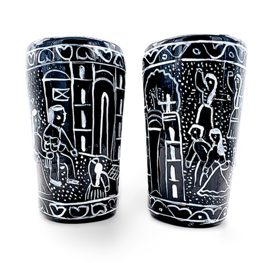 Black ceramic shot glasses, individually hand-painted in Mexico, ideal for tequila, mezcal, or other spirits, pack of 2.