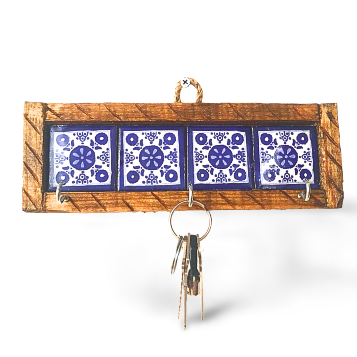 Mexican style key holder with blue and white Talavera tiles, handcrafted by Mexican artisans, perfect for organizing keys and home decor.