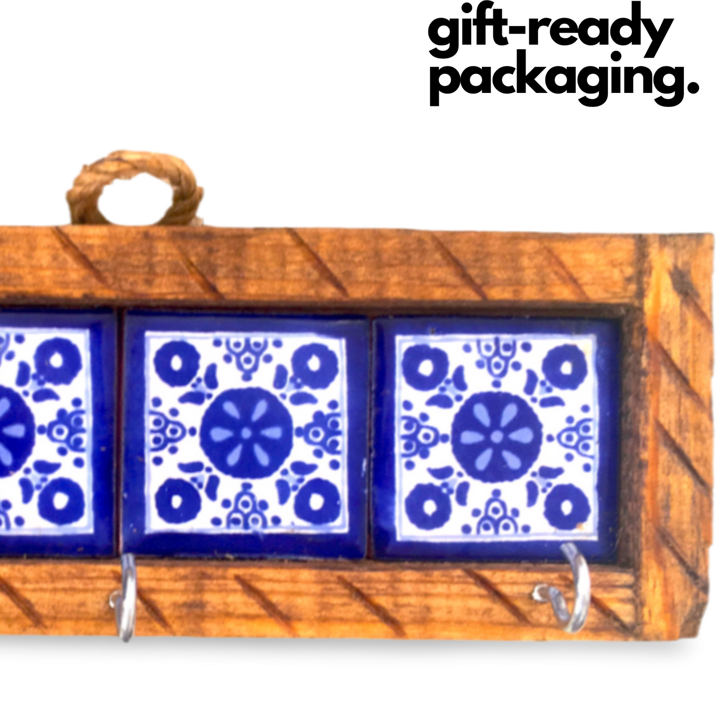 Mexican style key holder with blue and white Talavera tiles, handcrafted by Mexican artisans, perfect for organizing keys and home decor.