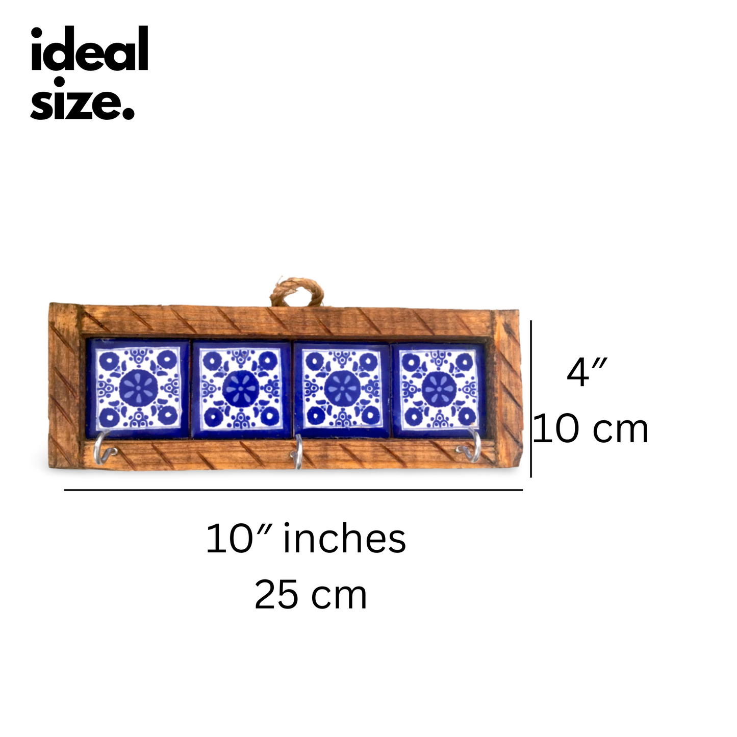 Mexican style key holder with blue and white Talavera tiles, handcrafted by Mexican artisans, perfect for organizing keys and home decor.