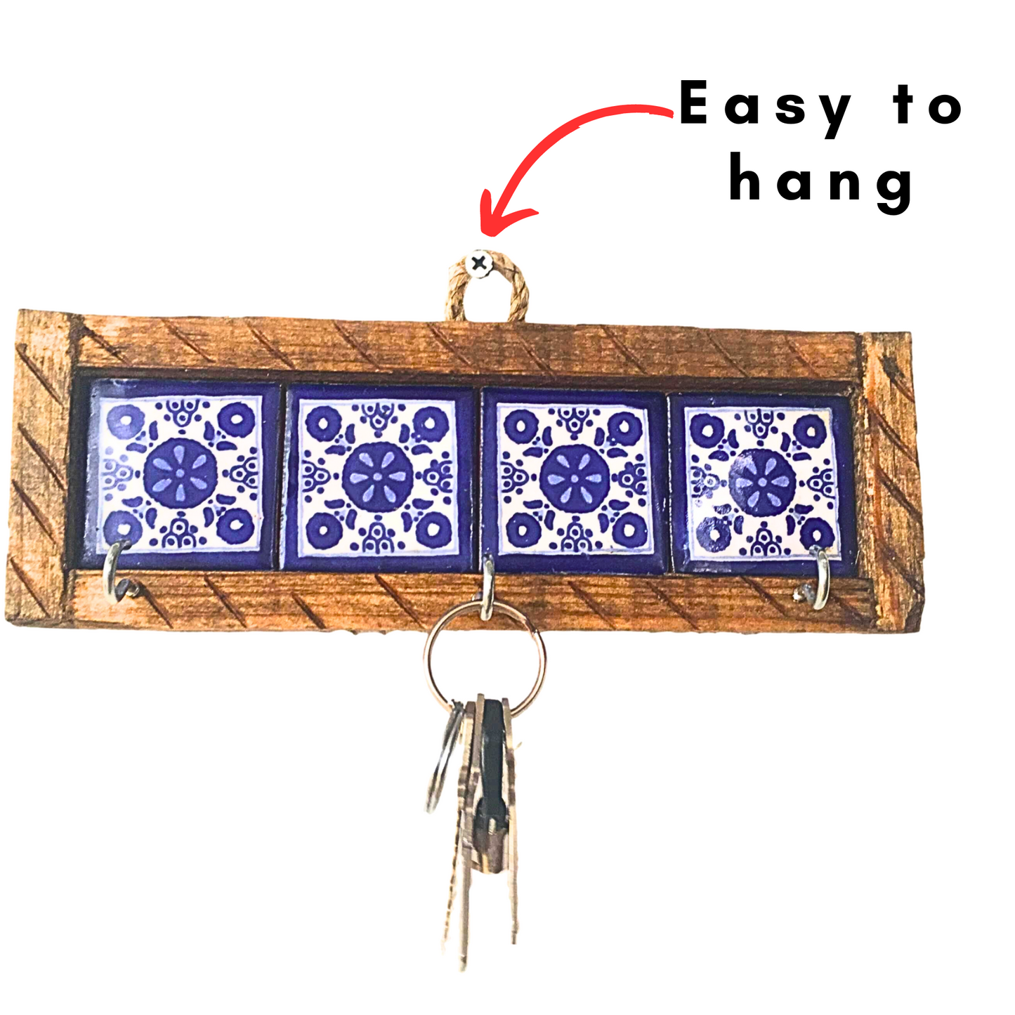 Mexican style key holder with blue and white Talavera tiles, handcrafted by Mexican artisans, perfect for organizing keys and home decor.