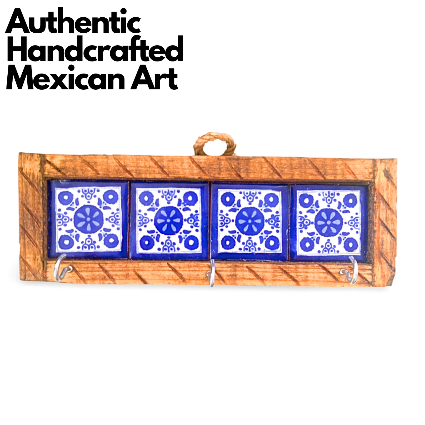 Mexican style key holder with blue and white Talavera tiles, handcrafted by Mexican artisans, perfect for organizing keys and home decor.