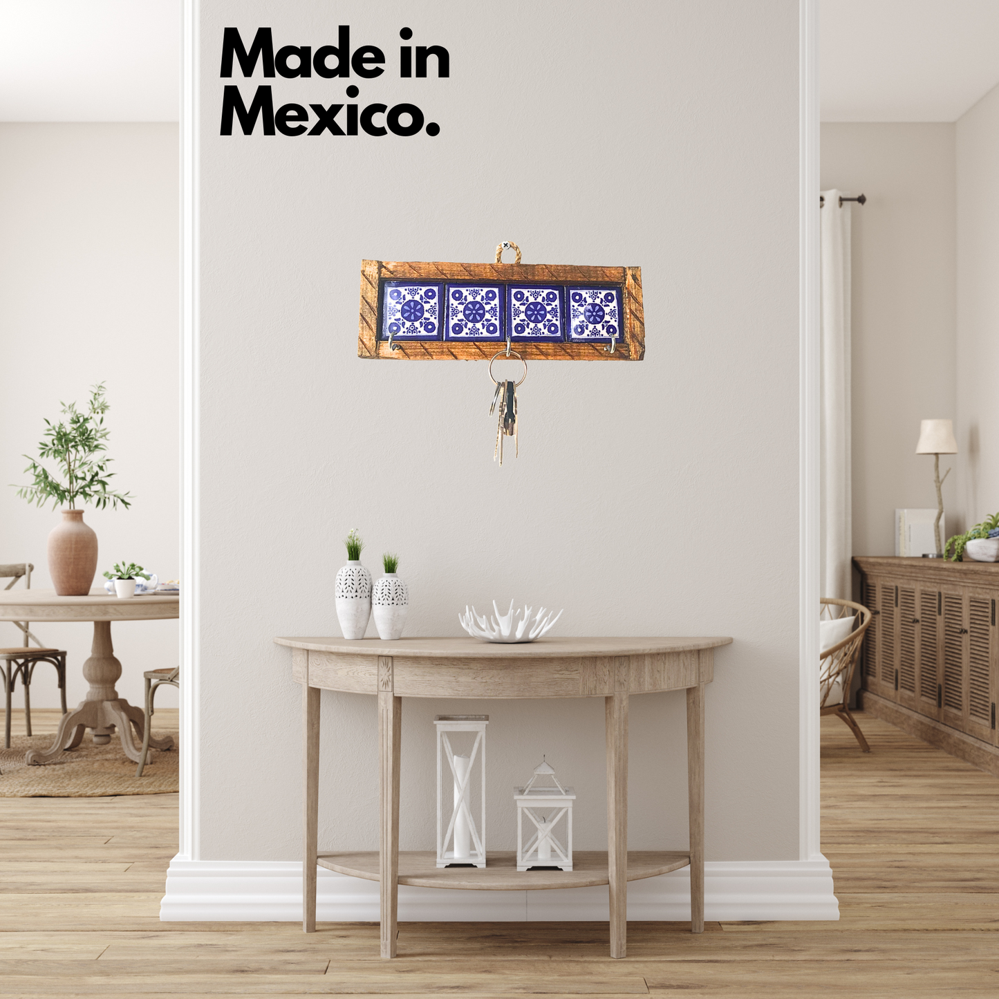 Mexican style key holder with blue and white Talavera tiles, handcrafted by Mexican artisans, perfect for organizing keys and home decor.