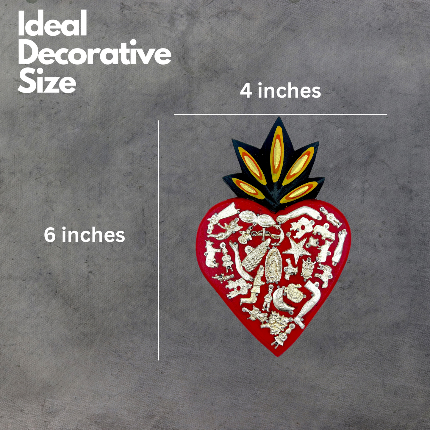 size of Ex Voto Wooden Sacred Heart with Milagros, handcrafted and hand-painted by Mexican artisans, brightens up any room with its vibrant colors.