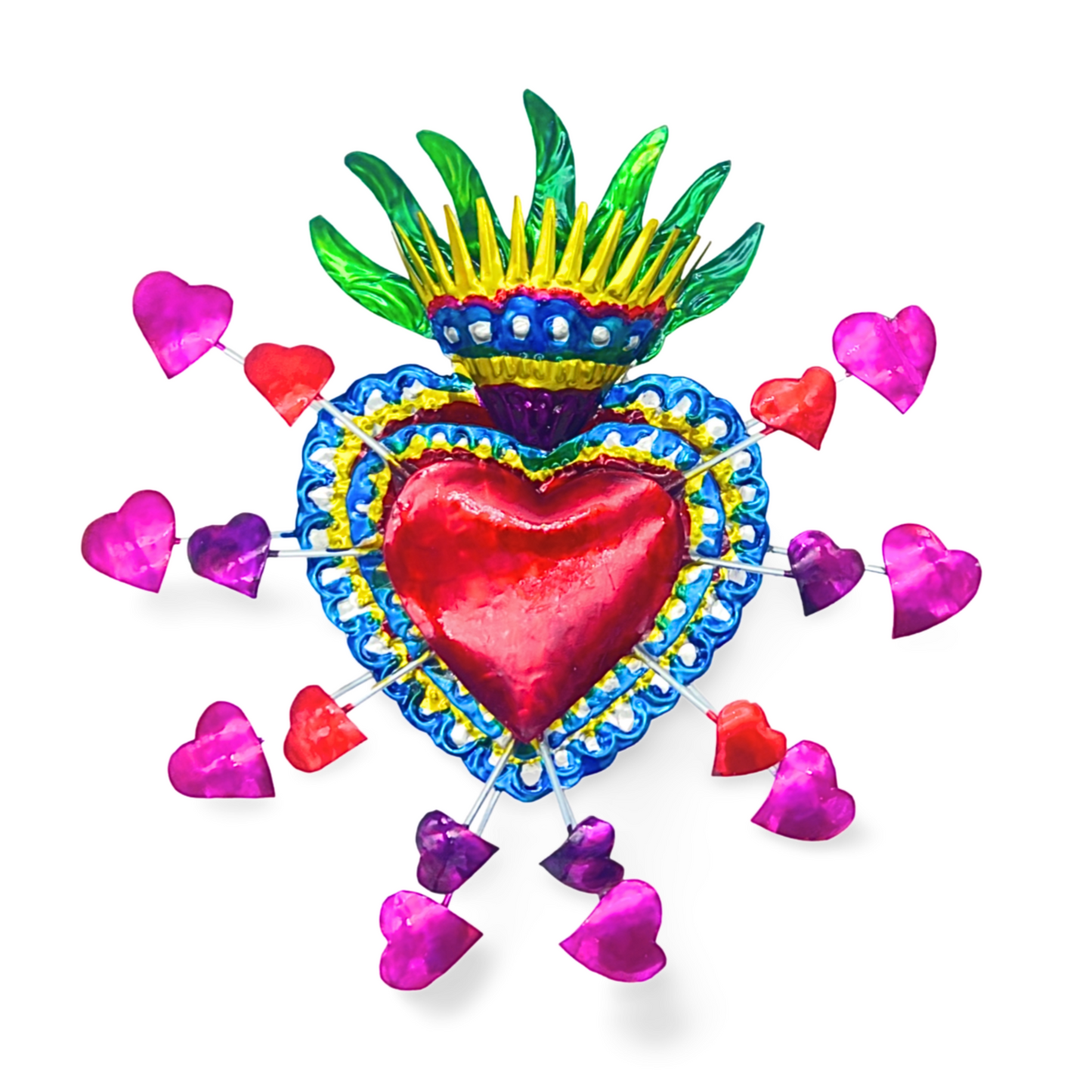 Colorful, hand-painted Embossed Tin Heart Milagro, a symbol of love and luck, easy to hang as vibrant Mexican Folk Art decor.