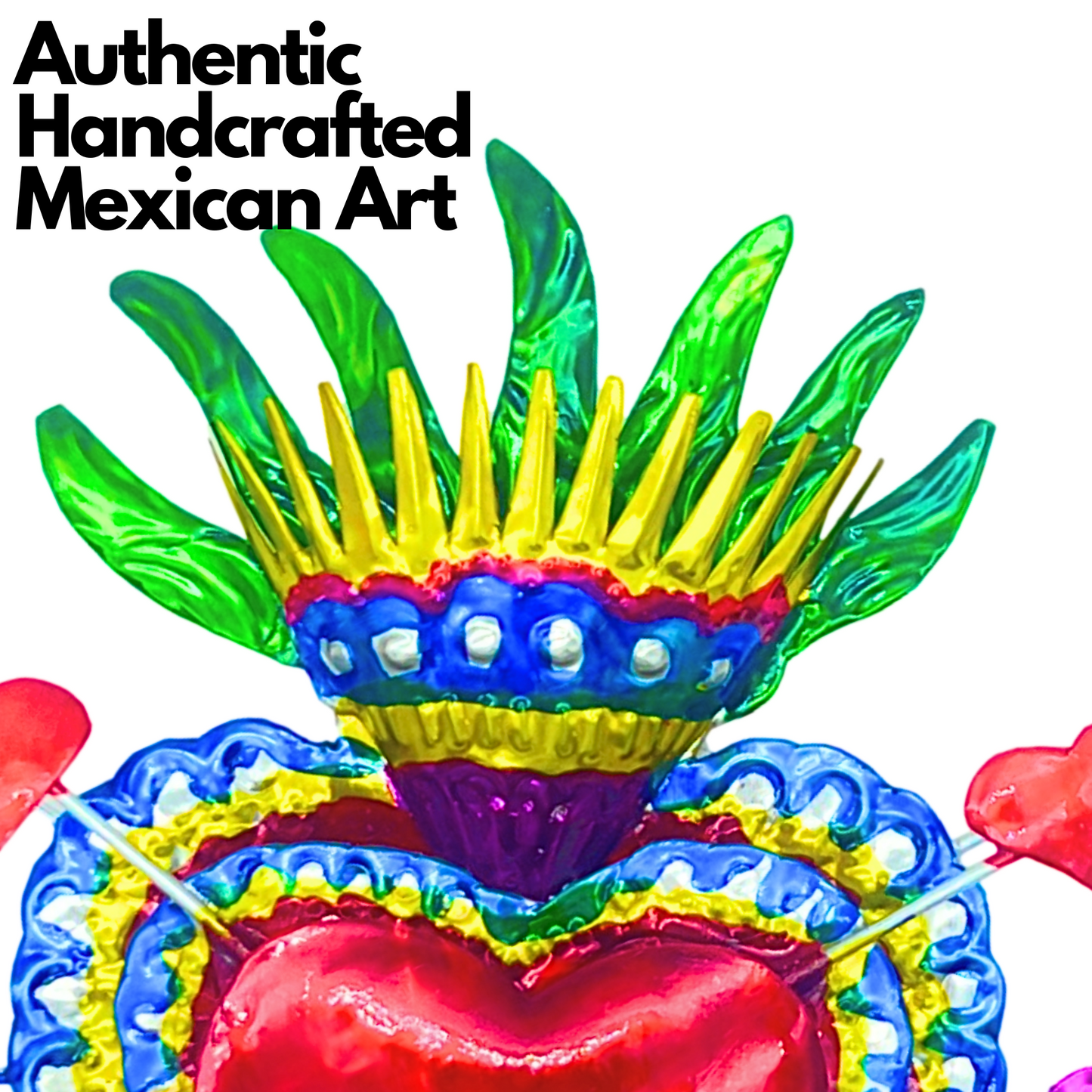 Colorful, hand-painted Embossed Tin Heart Milagro, a symbol of love and luck, easy to hang as vibrant Mexican Folk Art decor.