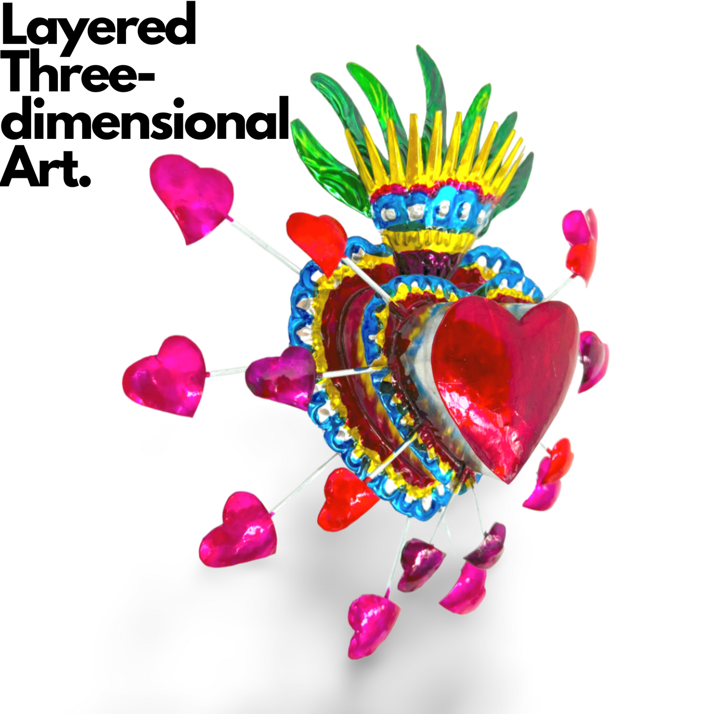Colorful, hand-painted Embossed Tin Heart Milagro, a symbol of love and luck, easy to hang as vibrant Mexican Folk Art decor.