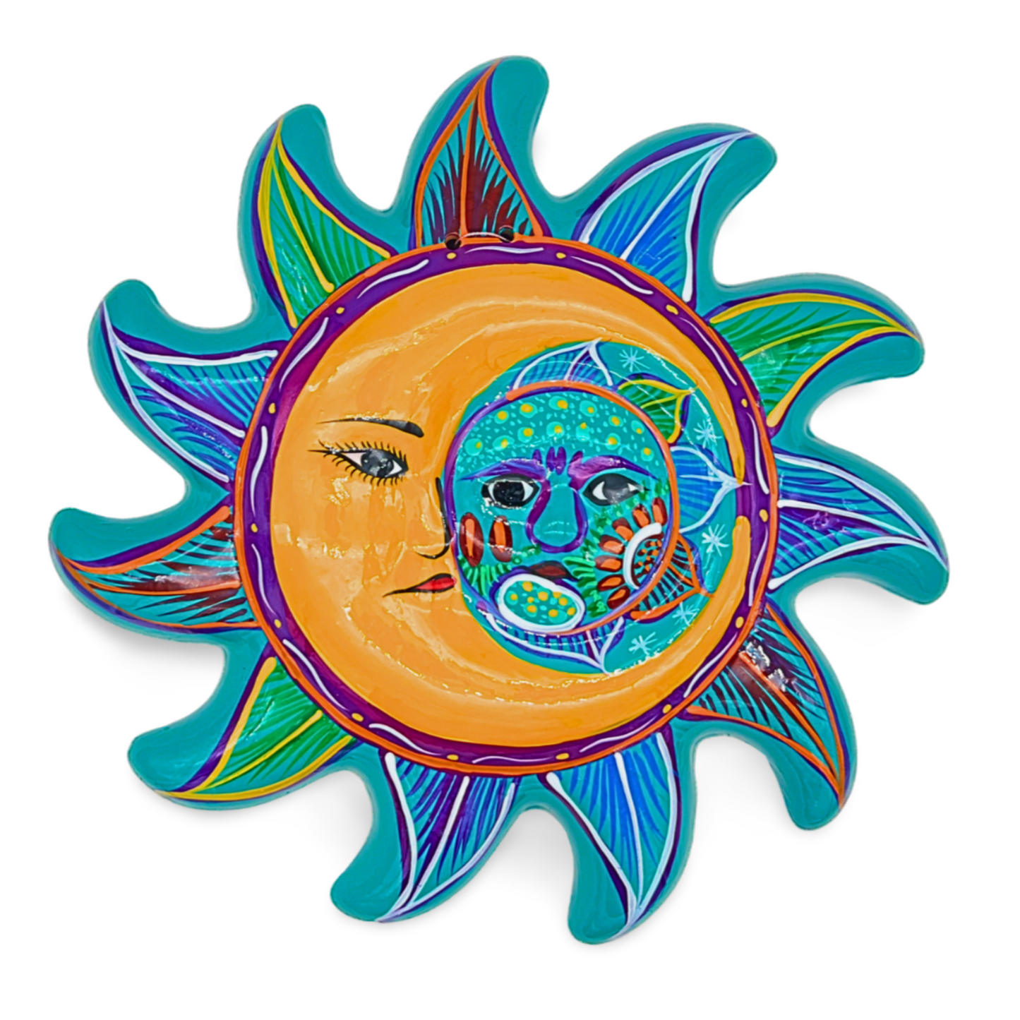 Ceramic Talavera sun and moon eclipse wall decor, hand-painted by Mexican artisans, multicolored, 10 inches in diameter.