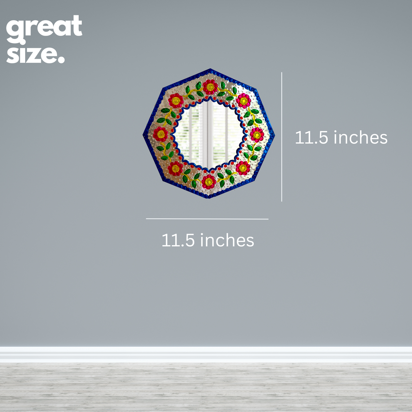 grat size of Casa Fiesta Designs' Embossed Tin Mirror - Handcrafted and Hand-painted Mexican Folk Art Wall Decor.