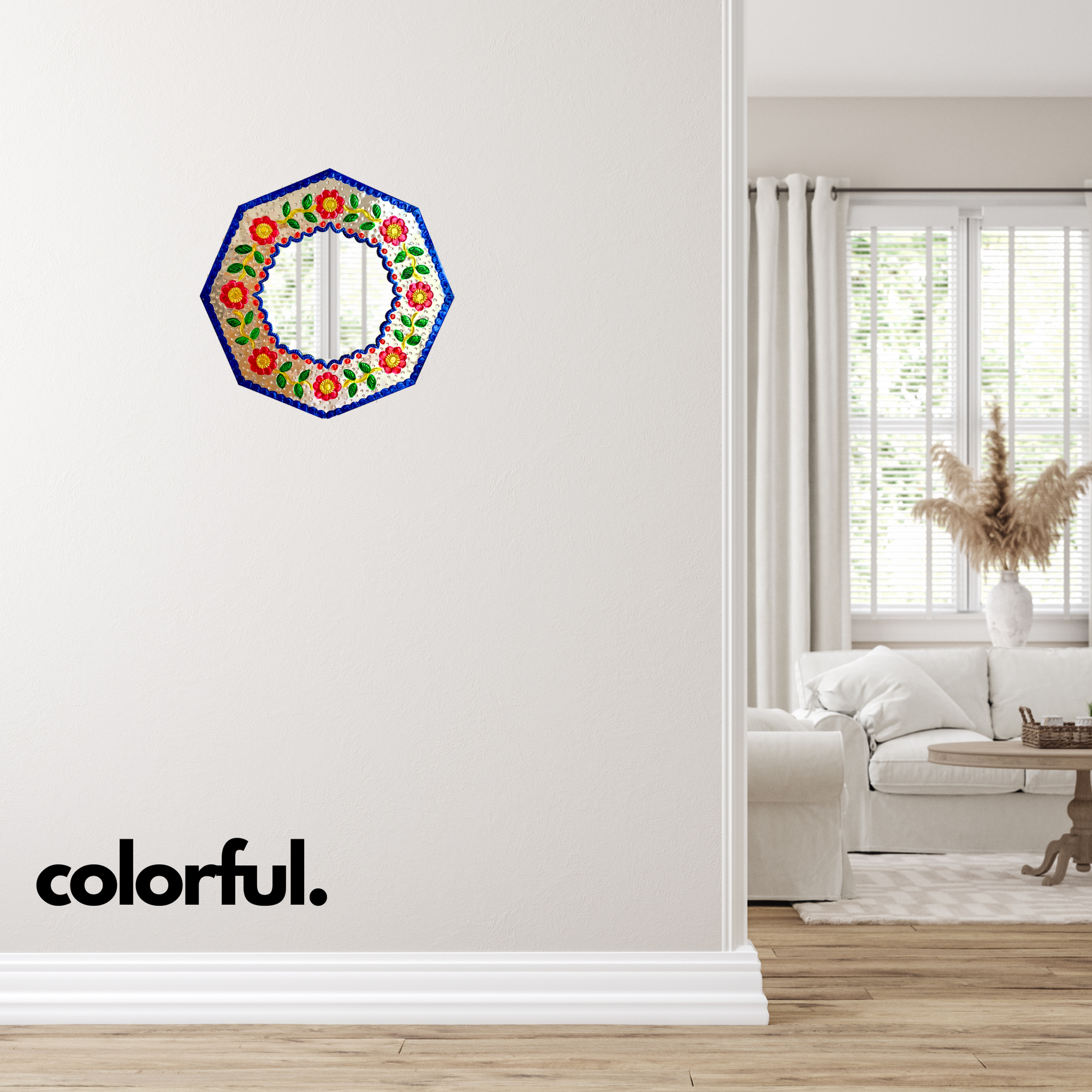 colorful Casa Fiesta Designs' Embossed Tin Mirror - Handcrafted and Hand-painted Mexican Folk Art Wall Decor.