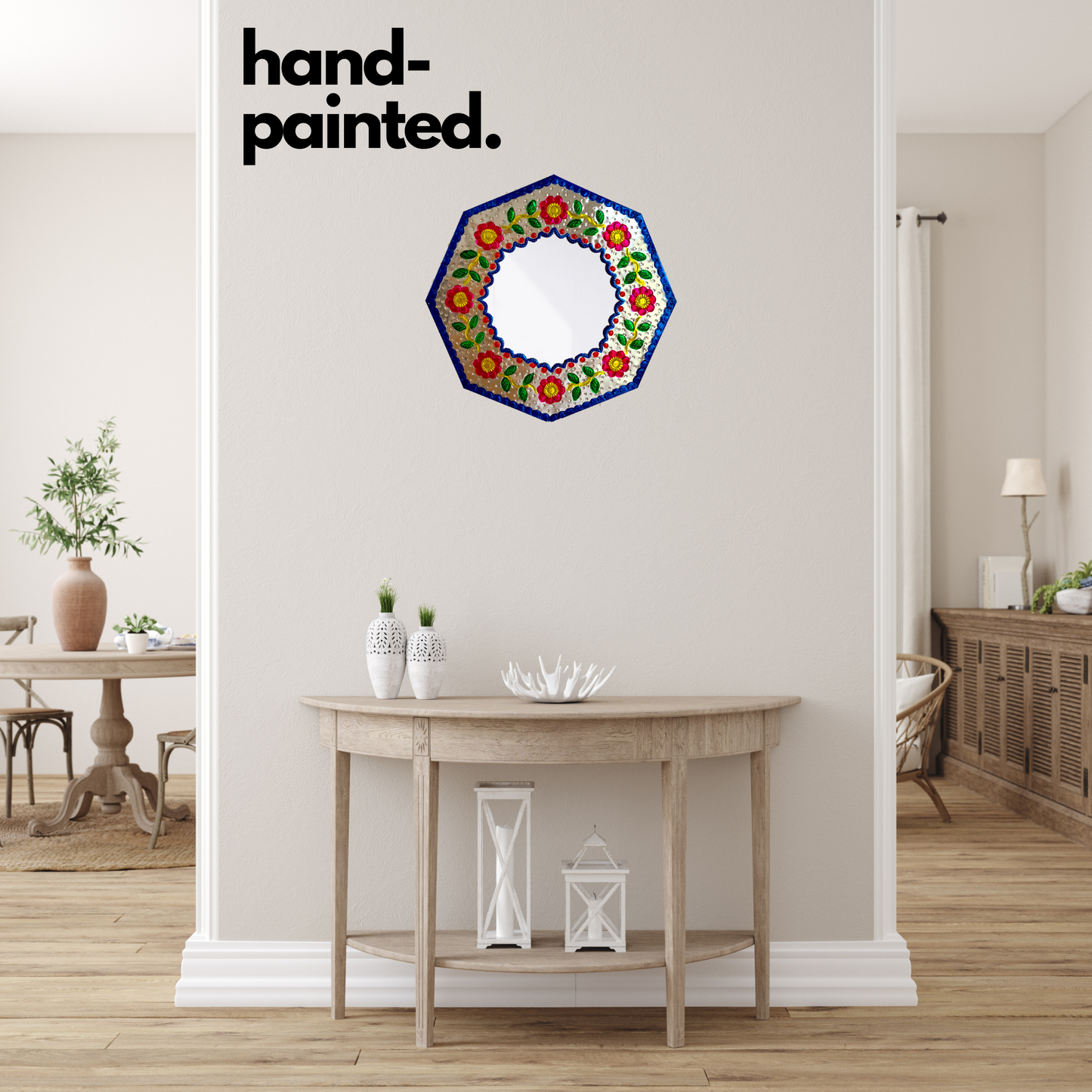 hand-painted Casa Fiesta Designs' Embossed Tin Mirror - Handcrafted and Hand-painted Mexican Folk Art Wall Decor.