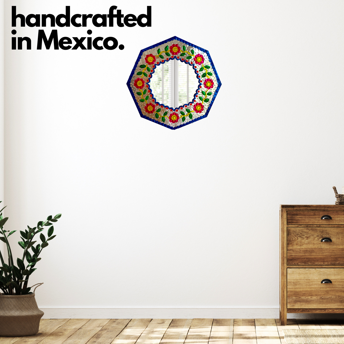 handcrafted in mexico Casa Fiesta Designs' Embossed Tin Mirror - Handcrafted and Hand-painted Mexican Folk Art Wall Decor.