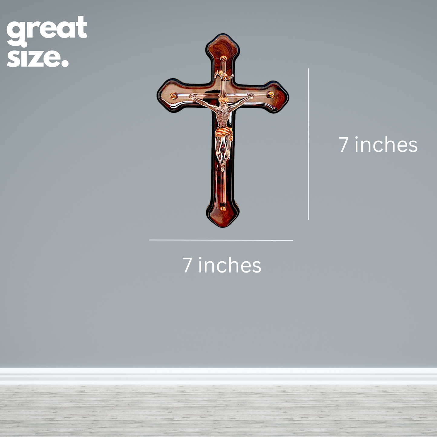 Handmade blown glass sculpture of Jesus on the cross, measuring 7" by 7". Perfect as a unique wall decoration.