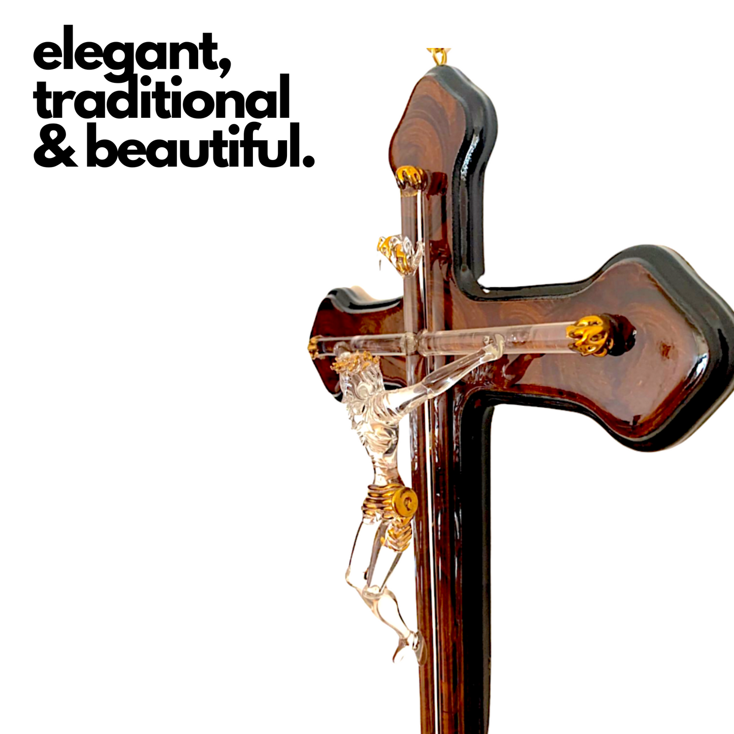 Handmade blown glass sculpture of Jesus on the cross, measuring 7" by 7". Perfect as a unique wall decoration.