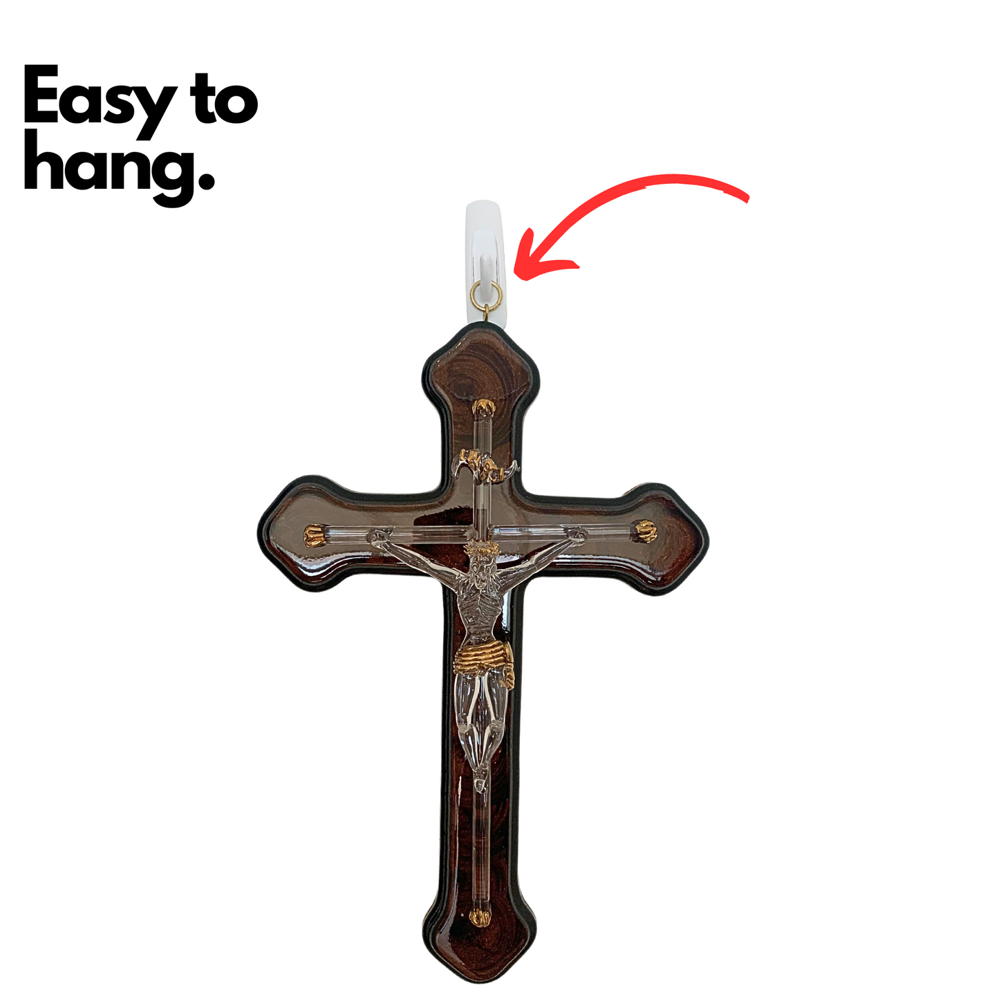 Handmade blown glass sculpture of Jesus on the cross, measuring 7" by 7". Perfect as a unique wall decoration.