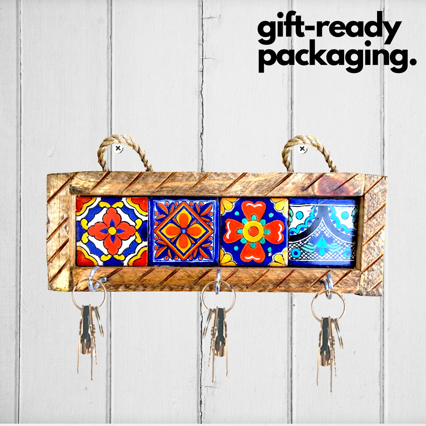 gift-ready packaging Handmade Mexican Talavera Tiles Key Holder, perfect for key organization and for adding vibrant Mexican style to your home.