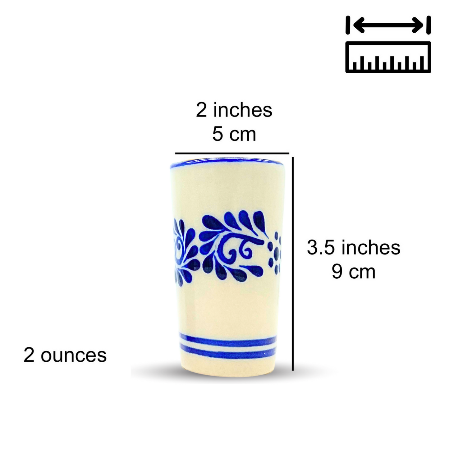 A set of two vibrant, hand-painted Mexican ceramic shot glasses, perfect for serving tequila or mezcal.