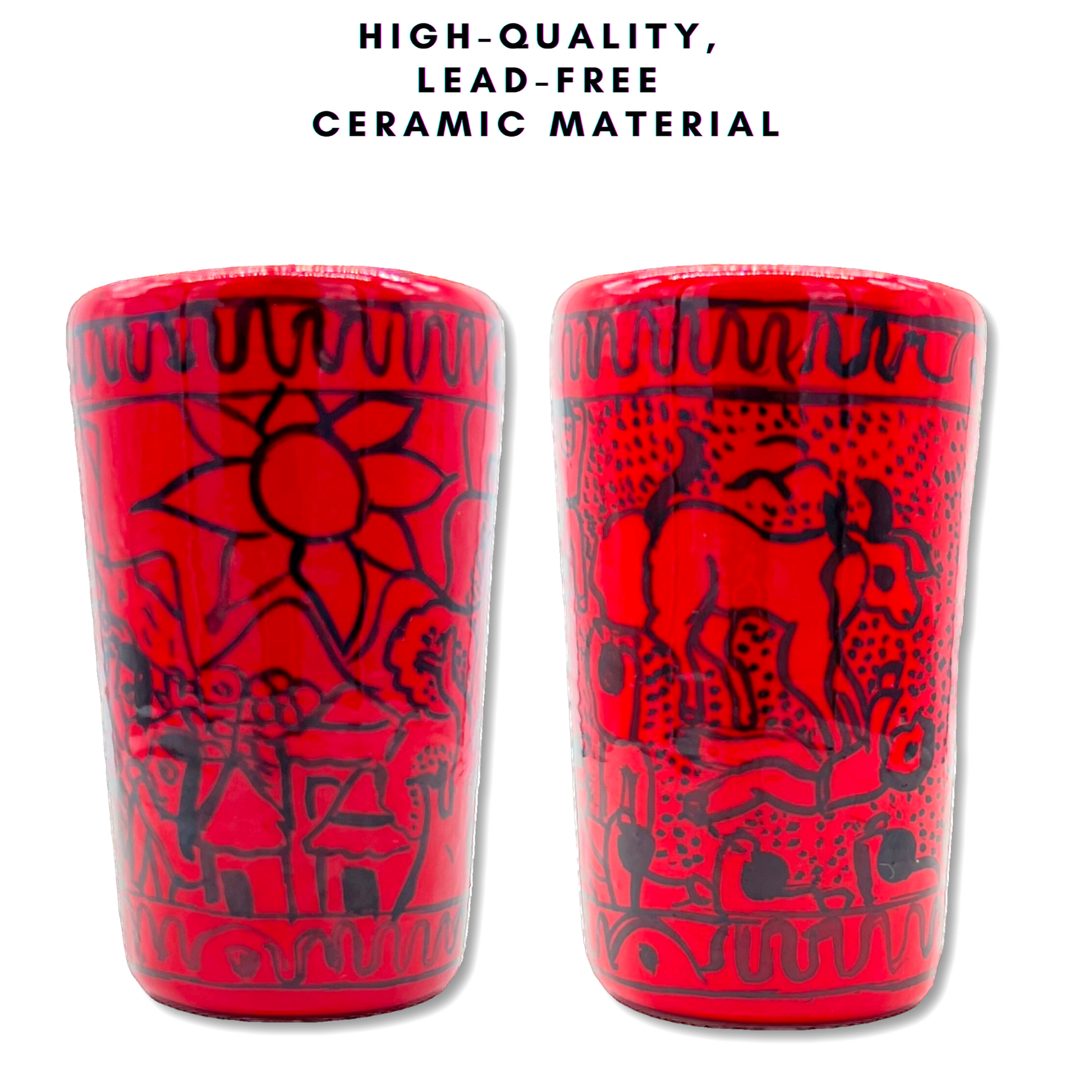 high quality lead free ceramic material red mexican shot glasses set of 2. handmade and handpainted in mexico