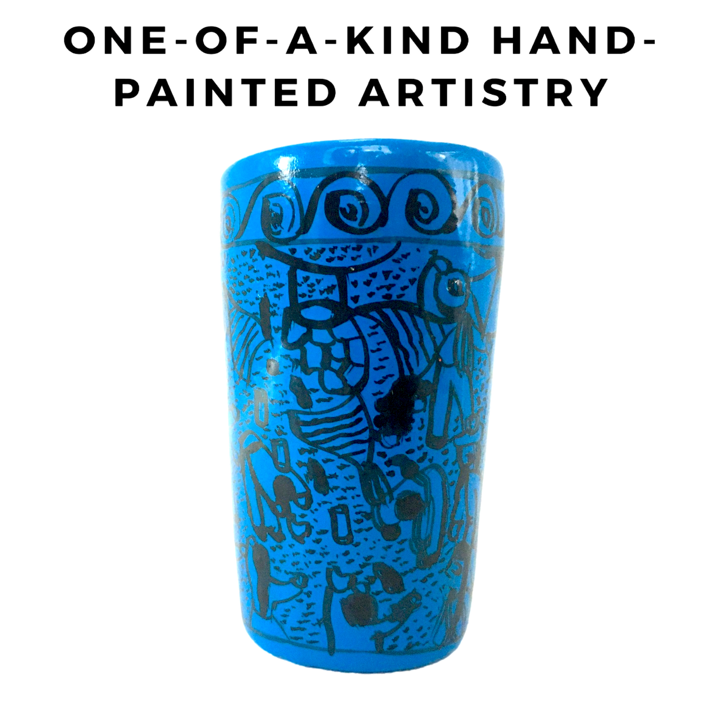 Blue ceramic shot glasses, individually hand-painted in Mexico, perfect for tequila, mezcal, or other spirits, pack of 2.