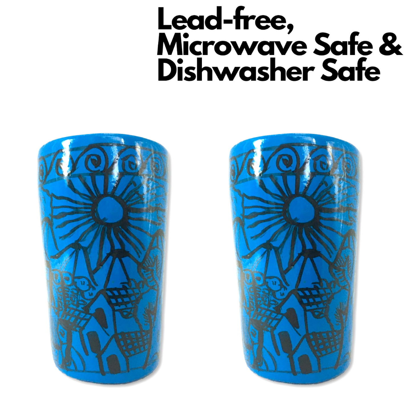 Blue ceramic shot glasses, individually hand-painted in Mexico, perfect for tequila, mezcal, or other spirits, pack of 2.
