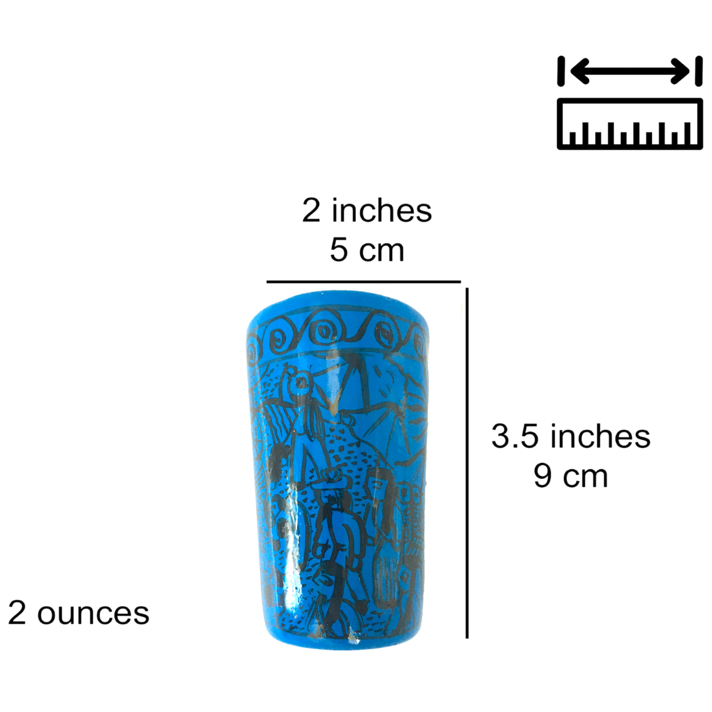 Blue ceramic shot glasses, individually hand-painted in Mexico, perfect for tequila, mezcal, or other spirits, pack of 2.