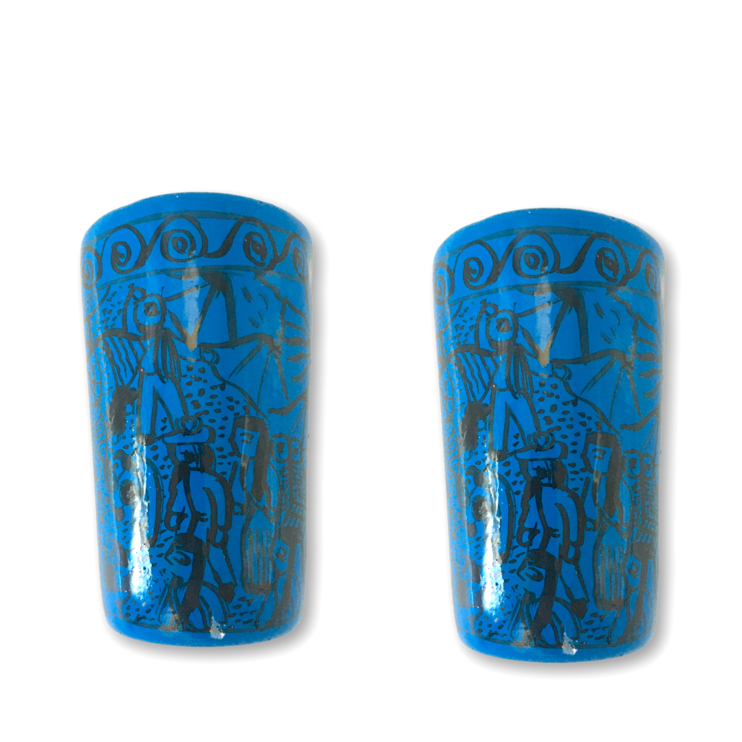 Blue ceramic shot glasses, individually hand-painted in Mexico, perfect for tequila, mezcal, or other spirits, pack of 2.