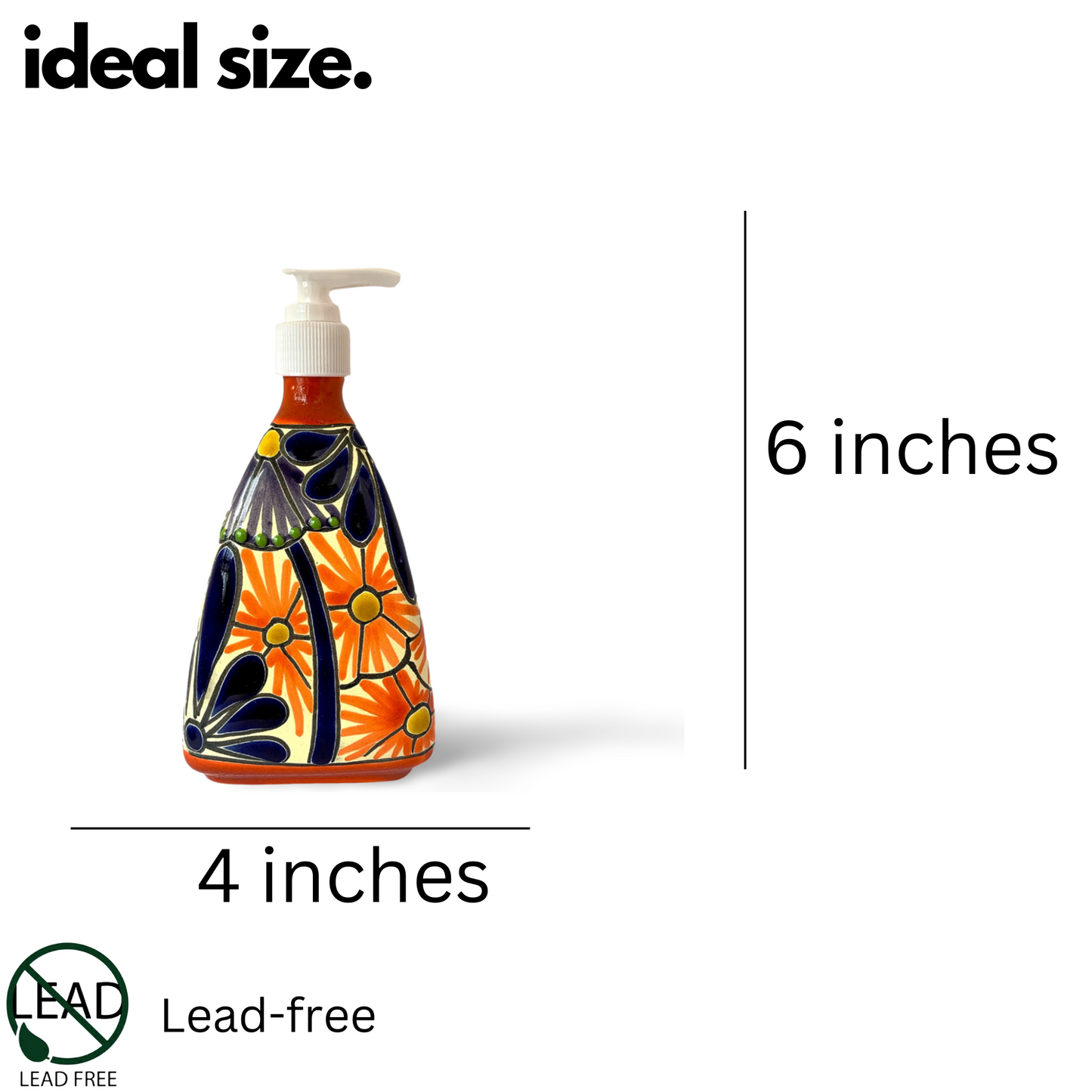 size of Pyramid-shaped Ceramic Soap Dispenser, hand-painted by Mexican artisans, perfect for adding a vibrant touch to kitchen or bathroom decor.