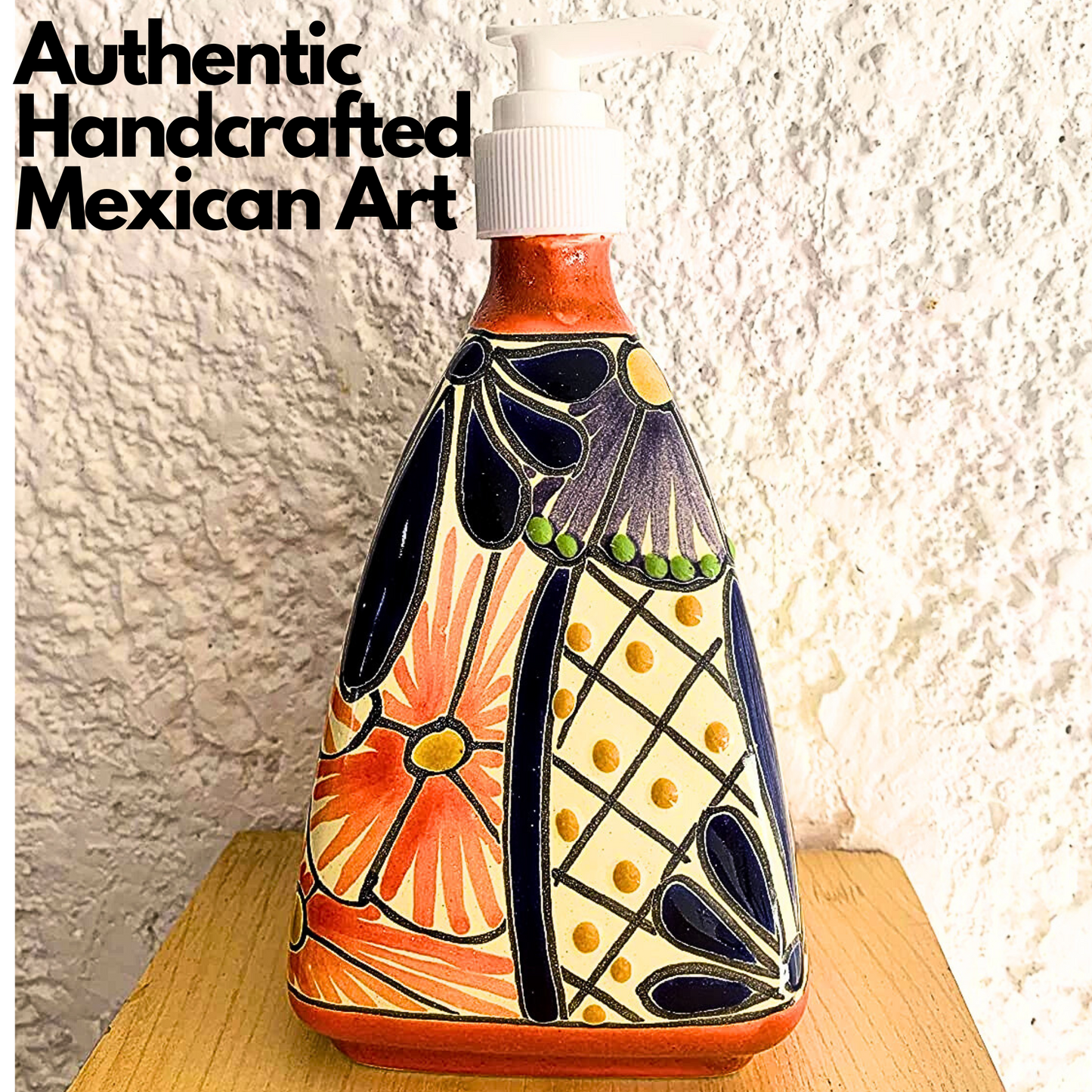 lifestyle image of Pyramid-shaped Ceramic Soap Dispenser, hand-painted by Mexican artisans, perfect for adding a vibrant touch to kitchen or bathroom decor.