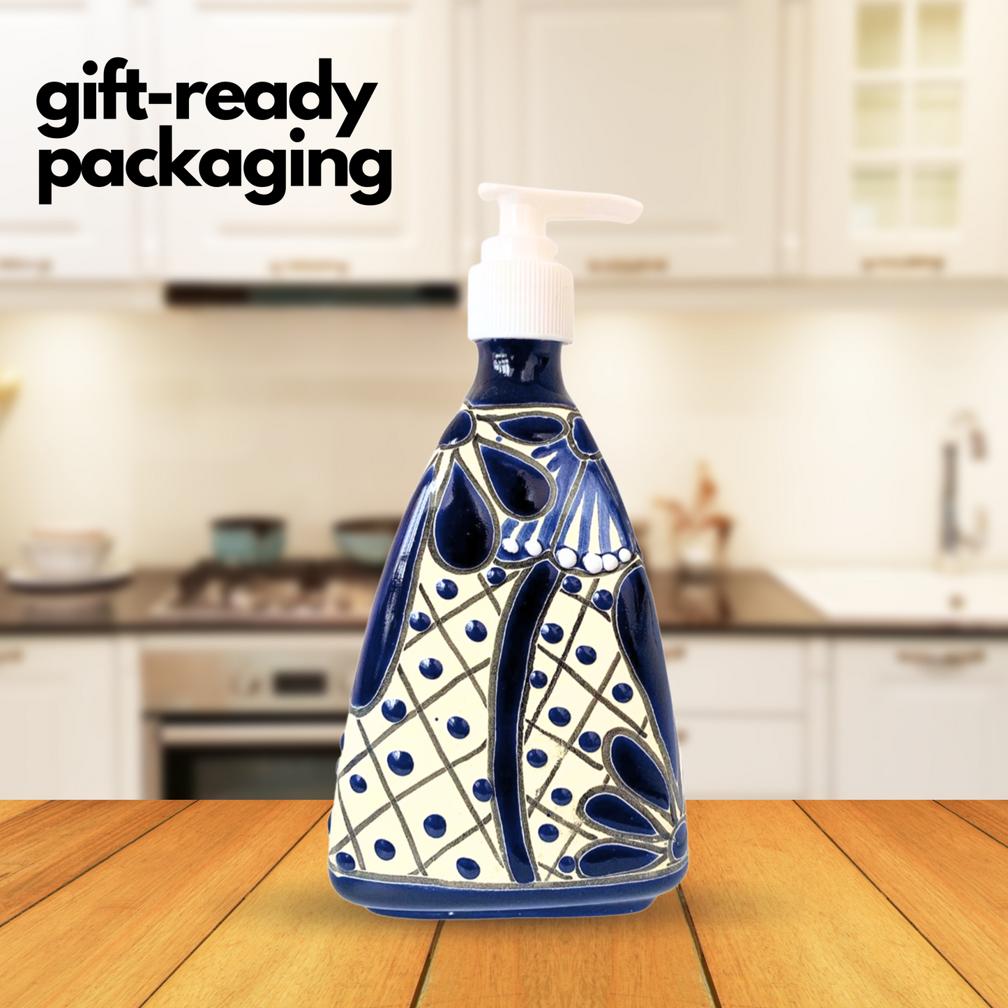 An eye-catching, hand-painted, Refillable Ceramic Soap Dispenser, skillfully crafted in Mexico. Perfect for adding a vibrant touch to any kitchen or bathroom. placed on a kitchen