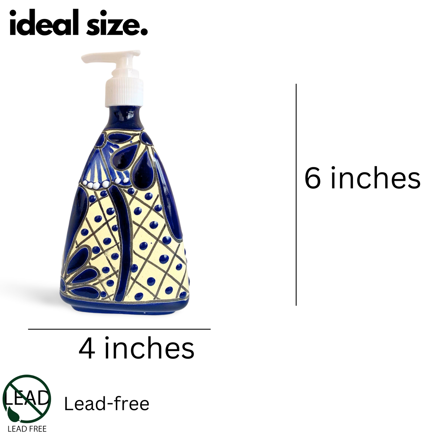 size of An eye-catching, hand-painted, Refillable Ceramic Soap Dispenser, skillfully crafted in Mexico. Perfect for adding a vibrant touch to any kitchen or bathroom.