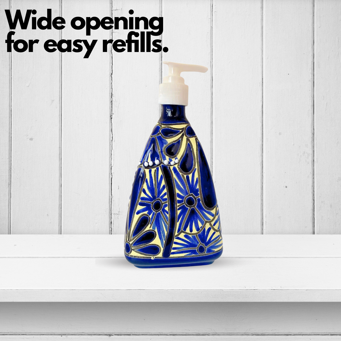wide opening for easy refills An eye-catching, hand-painted, Refillable Ceramic Soap Dispenser, skillfully crafted in Mexico. Perfect for adding a vibrant touch to any kitchen or bathroom.