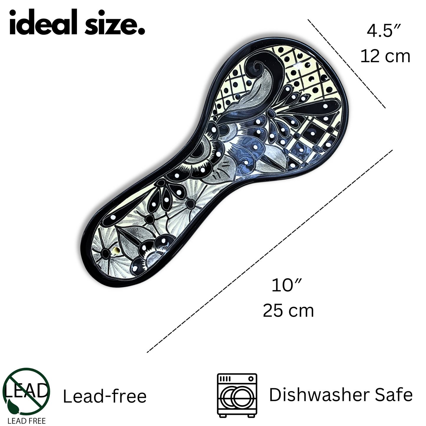 Hand Painted Talavera Ceramic Spoon Rest, a Black and White Floral Blanco/Negro design for kitchen décor, made by Mexican artisans.