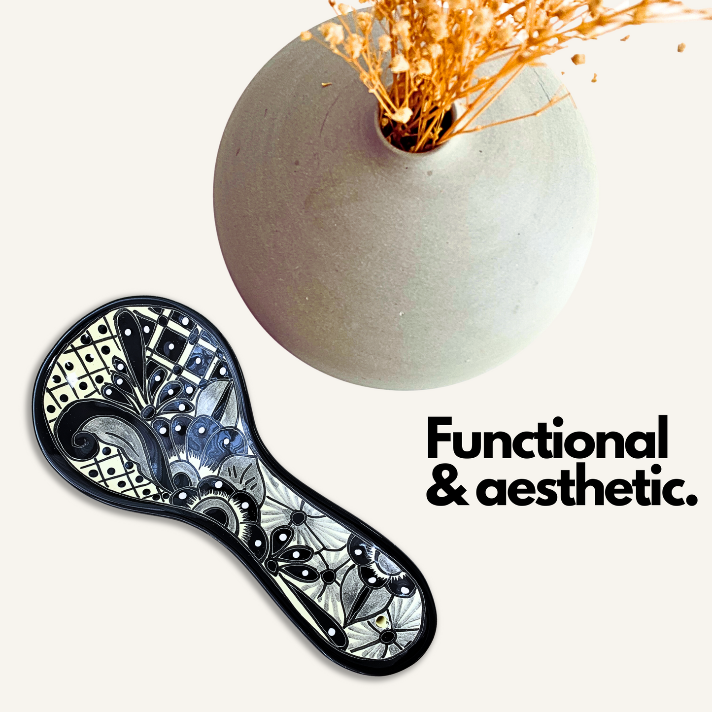Hand Painted Talavera Ceramic Spoon Rest, a Black and White Floral Blanco/Negro design for kitchen décor, made by Mexican artisans.