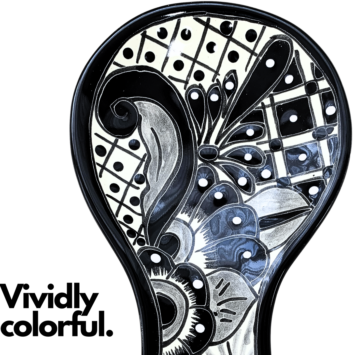 Hand Painted Talavera Ceramic Spoon Rest, a Black and White Floral Blanco/Negro design for kitchen décor, made by Mexican artisans.