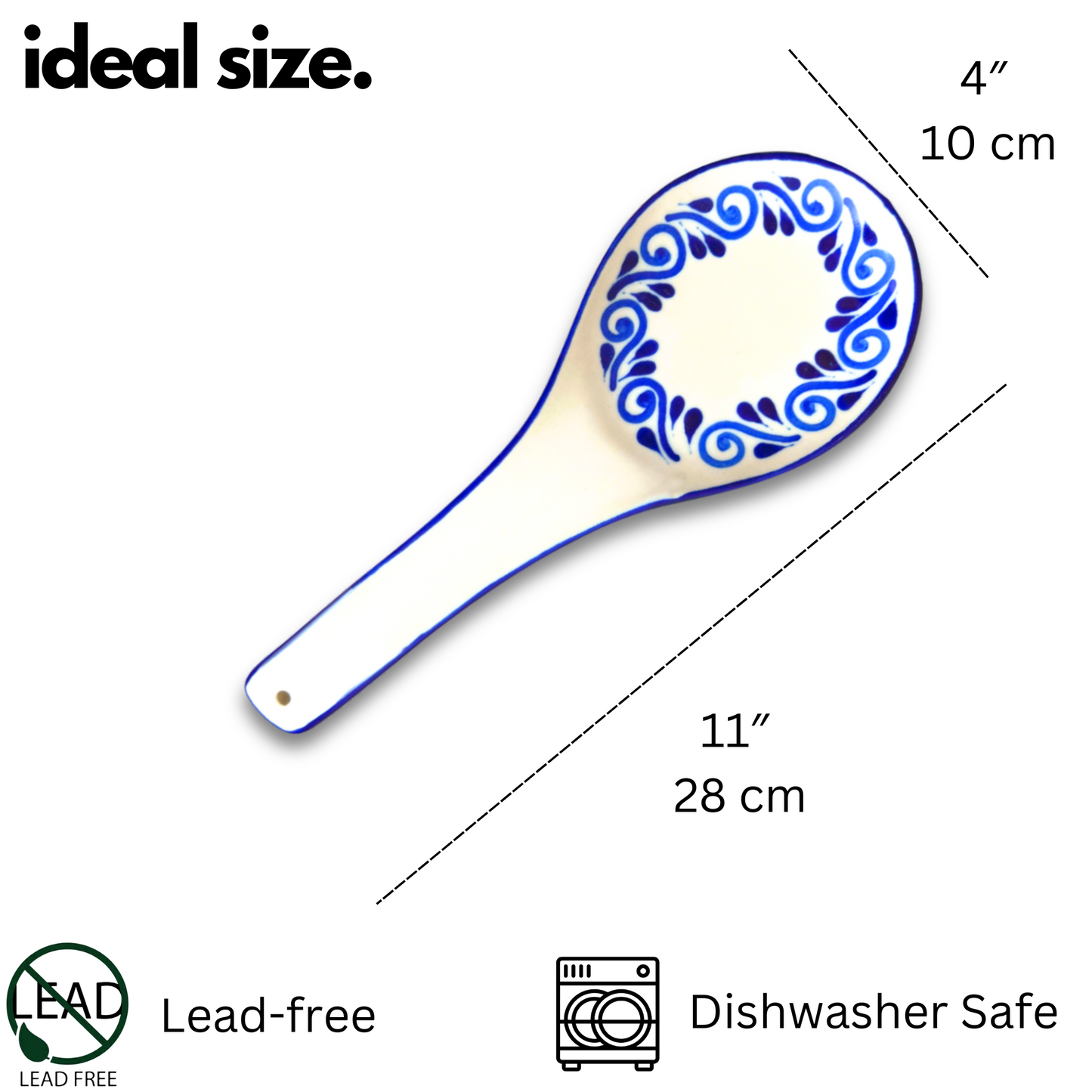 Hand-painted Talavera ceramic spoon rest, measuring 11" by 4" and 1" deep, perfect for holding kitchen utensils.