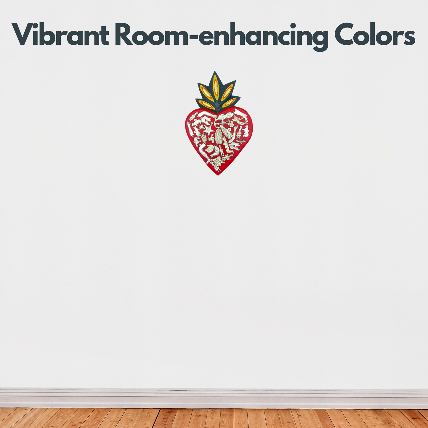 vibrant room-enhancing colors Ex Voto Wooden Sacred Heart, hand-painted by Mexican artisans, featuring colorful milagros, perfect for wall decor and enhancing your space.