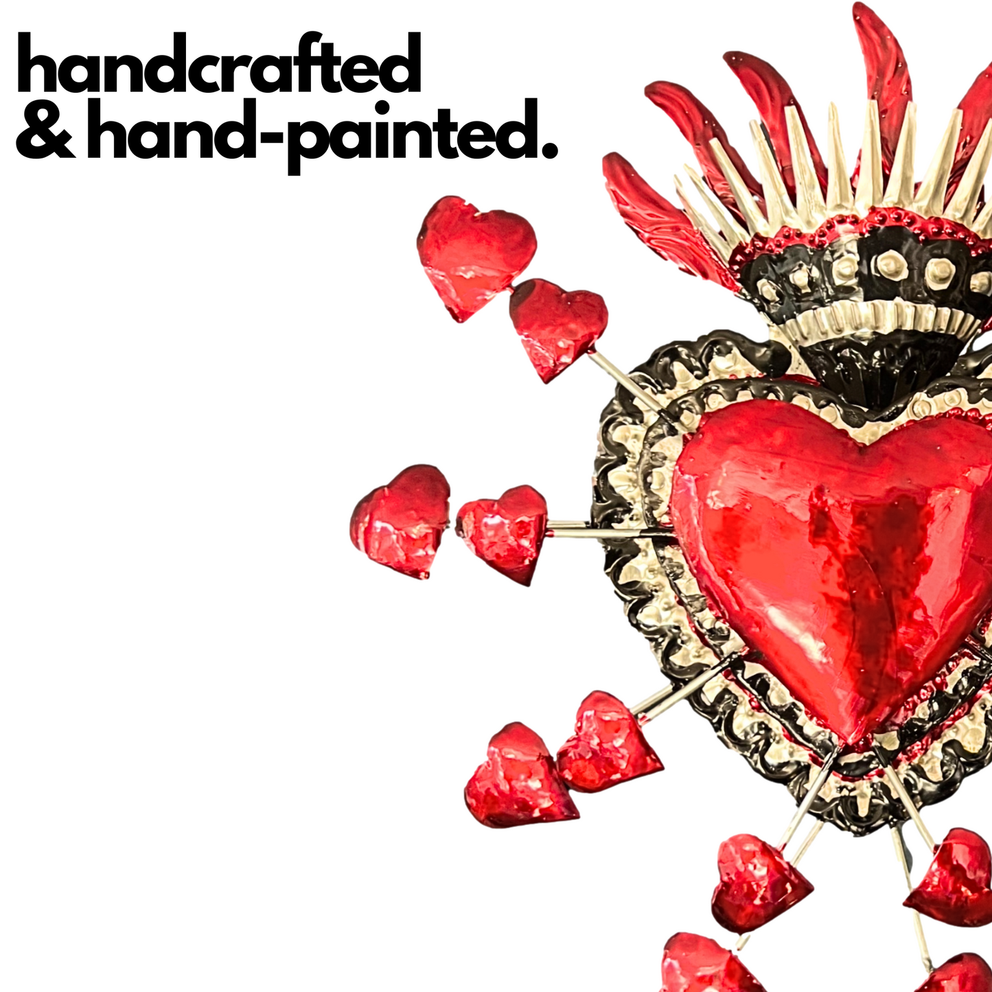 Handmade embossed tin Heart Milagro, painted in vibrant colors, an authentic piece of Mexican folk art, 11.5 inches tall, 10 inches wide.