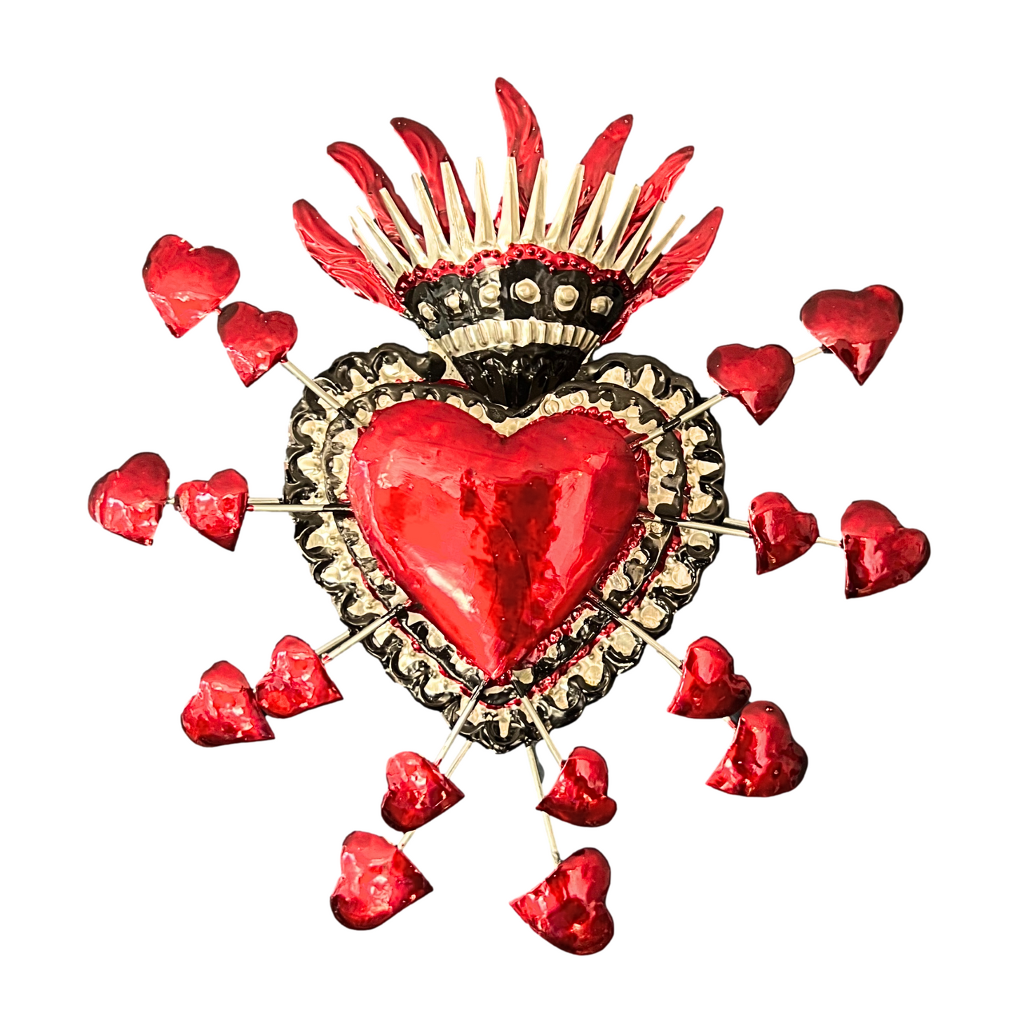 Handmade embossed tin Heart Milagro, painted in vibrant colors, an authentic piece of Mexican folk art, 11.5 inches tall, 10 inches wide.