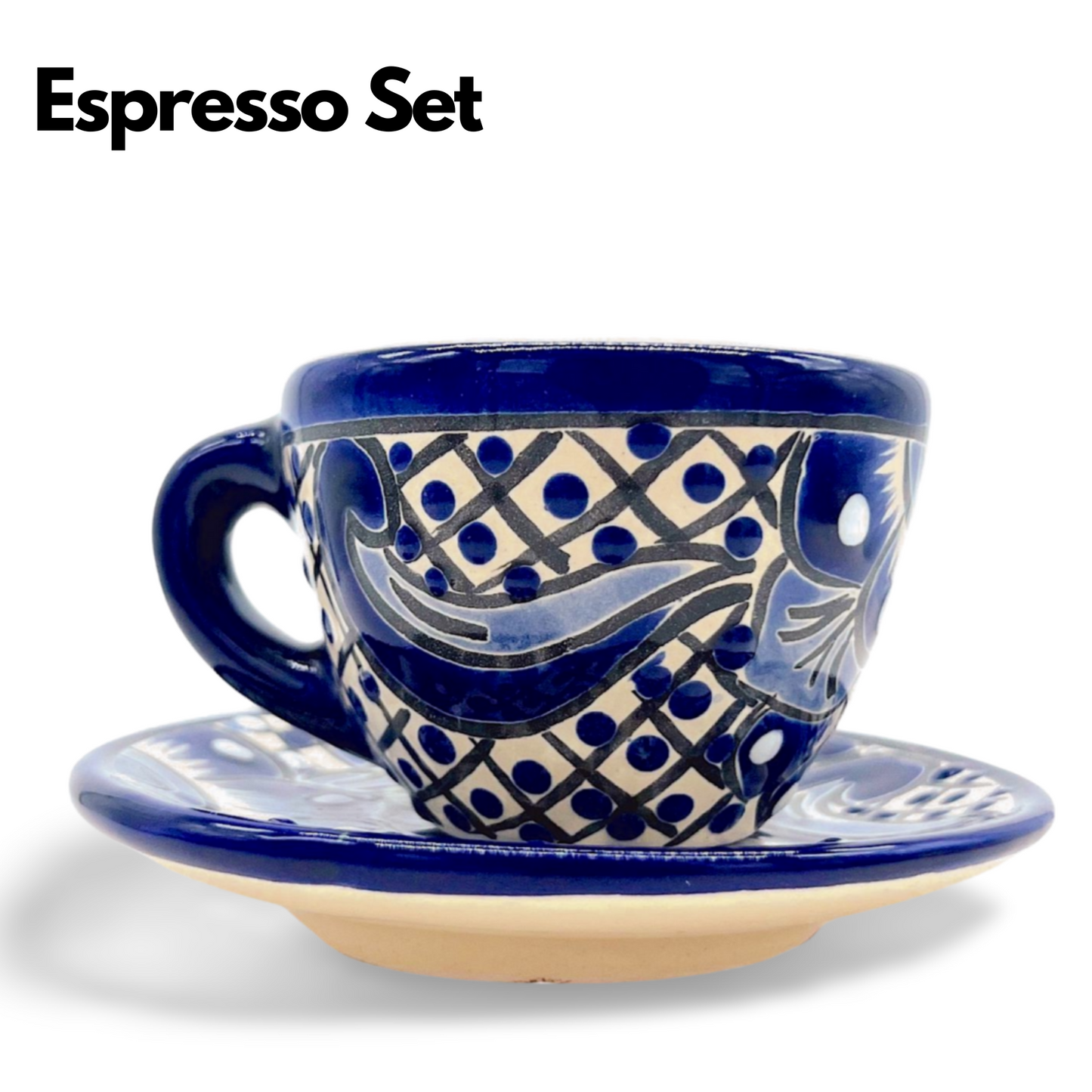 blue and white mexican espresso cup and saucer