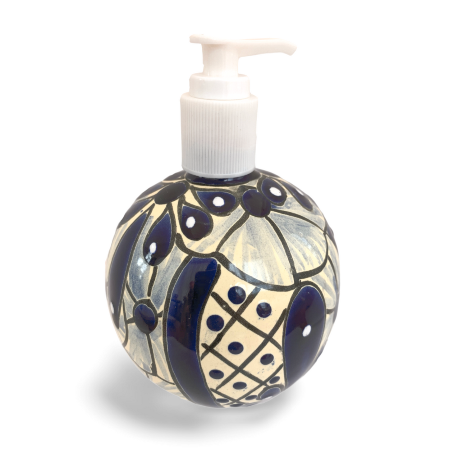 A spherical soap dispenser, hand-painted in blue and white Talavera design, adding a vibrant touch to any kitchen or bathroom.