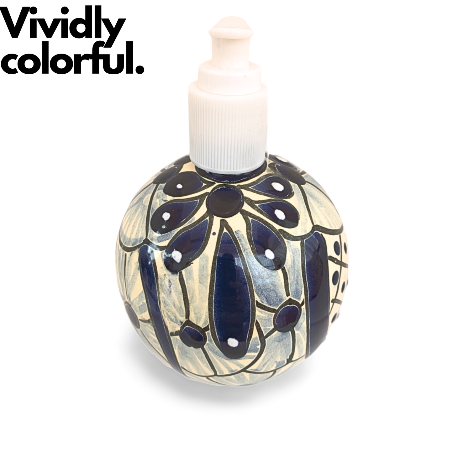 A spherical soap dispenser, hand-painted in blue and white Talavera design, adding a vibrant touch to any kitchen or bathroom.