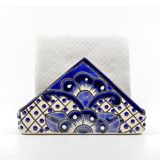 A vibrant, handmade Talavera ceramic napkin holder hand-painted by Mexico's finest artisans, perfect for any kitchen or dining table setting.