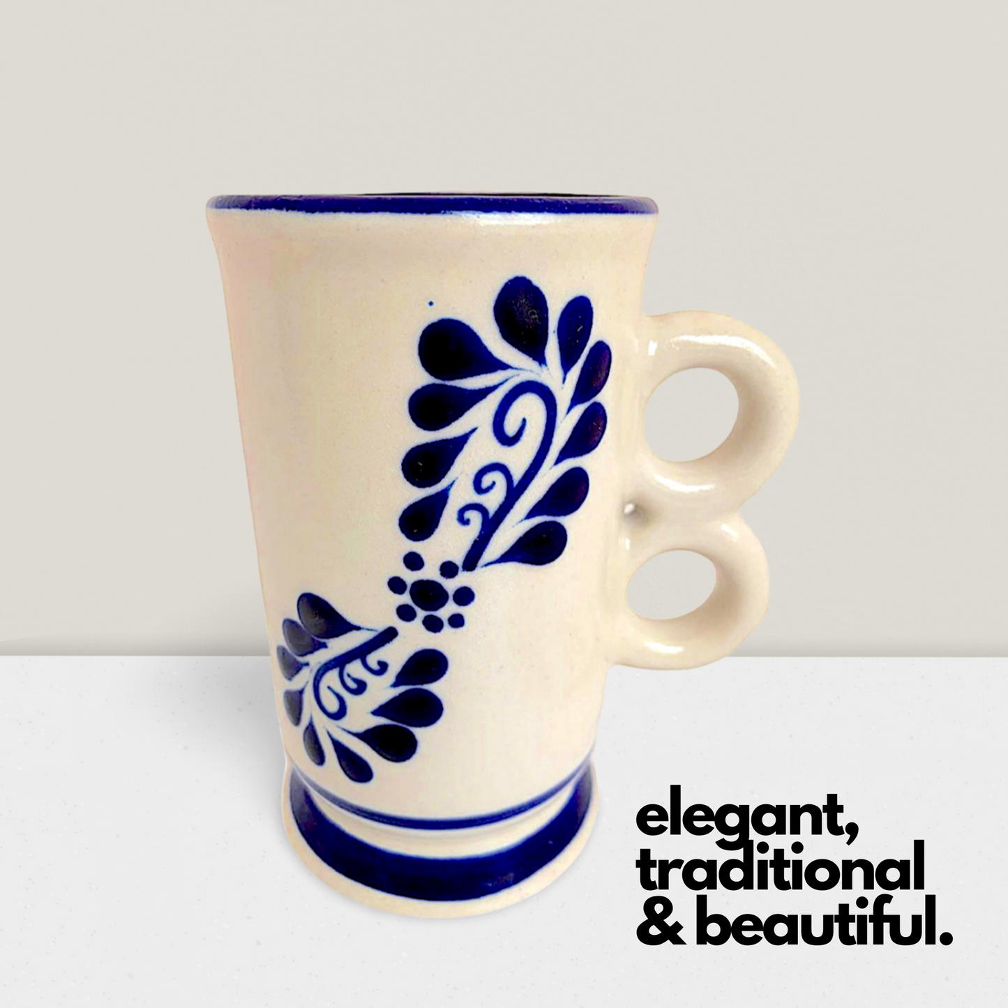 Large white ceramic Talavera Cappuccino Mug, hand-painted, handmade in Mexico, perfect for enjoying morning coffee or tea.