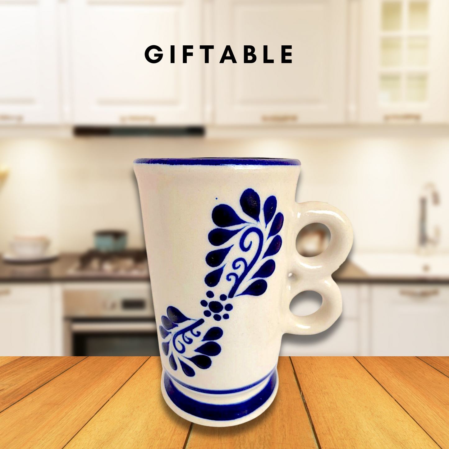 Large white ceramic Talavera Cappuccino Mug, hand-painted, handmade in Mexico, perfect for enjoying morning coffee or tea.