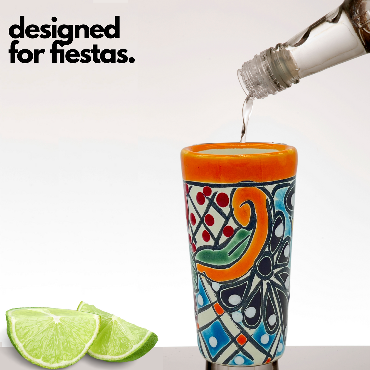 Set of four colorful hand-painted Mexican shot glasses, perfect for tequila or mezcal.