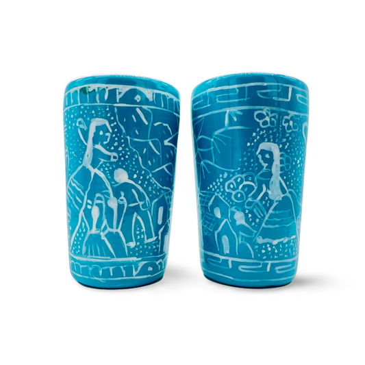 Turquoise ceramic shot glasses, individually hand-painted in Mexico, perfect for tequila, mezcal, or other spirits, pack of 2.