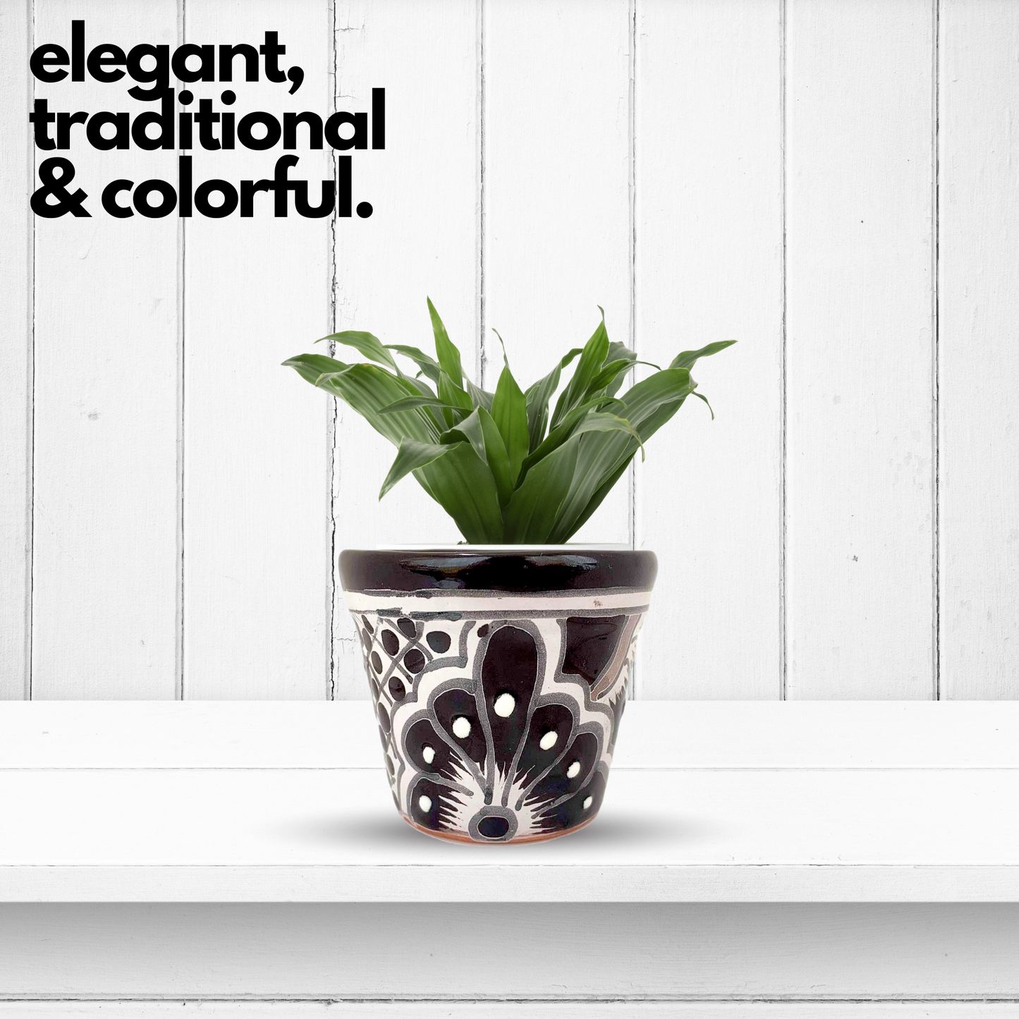 elegant Black and WhiteTalavera Ceramic Succulent Plant Pots - Hand-Painted Mexican Artistry by Casa Fiesta Designs.